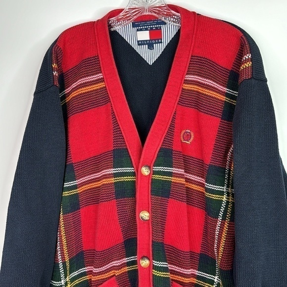 Vintage Tommy Hilfiger Red Blue Plaid Cardigan Button Sweater 90s Large - Picture 2 of 8